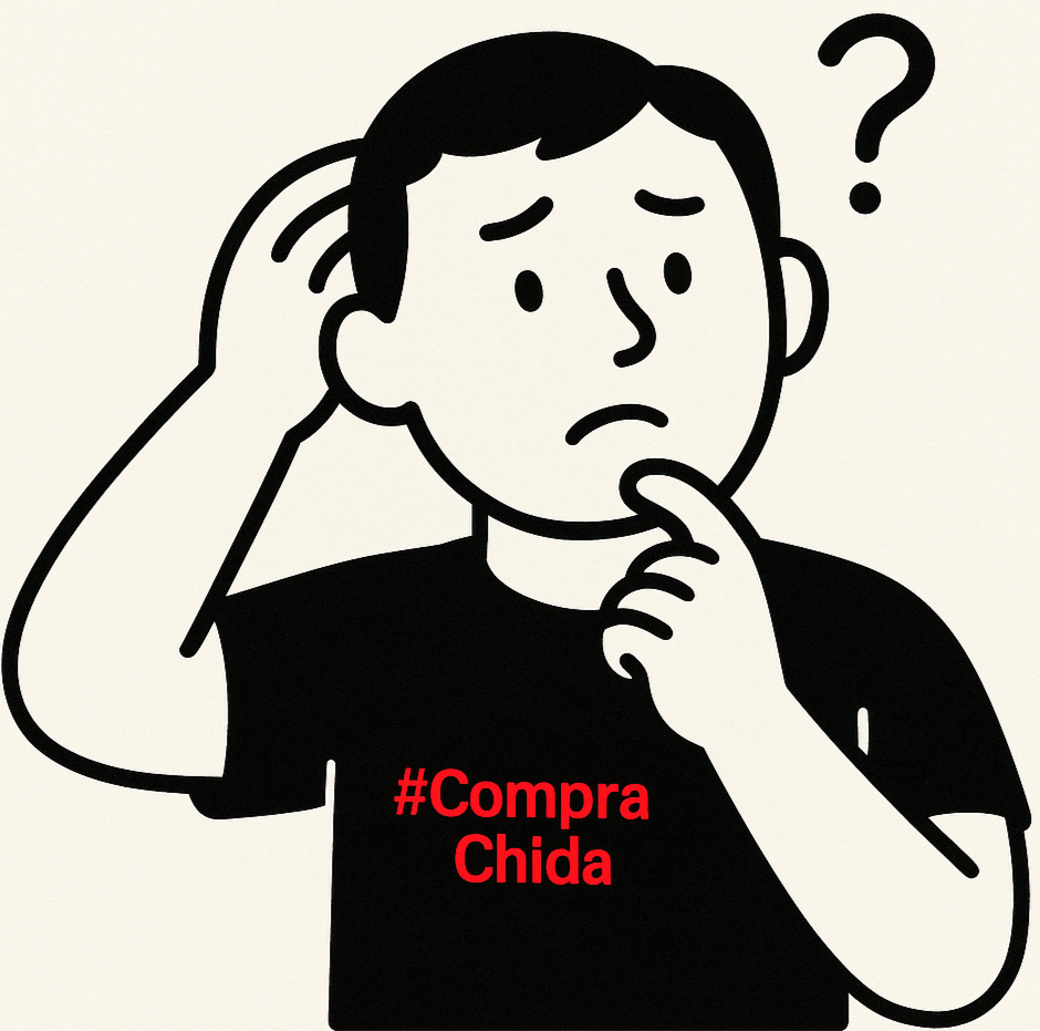 un dibujo sencillo con gesto de duda, con camisa negra que diga en letras pequeñas rojas, #CompraChida